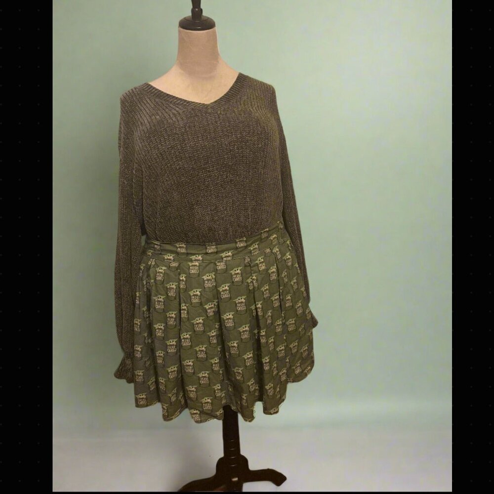 Olive Green Grogu Print Skater Skirt – Star Wars